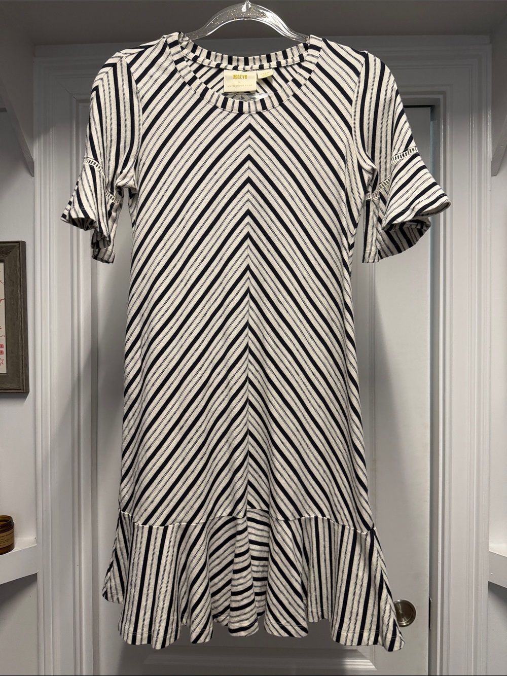 Anthropologie Black & White Striped Ruffle-Hem Mini Dress